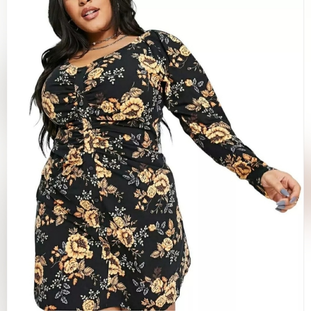 ASOS DESIGN Curve Long Sleeve Black Gold Floral Mini Ruched Bodycon Dress 20 NWT